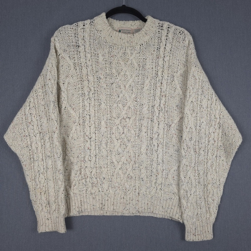 Northwest Territory Oversized Cable Knit Sweater Mens Large‎ Cream Flecked Wool